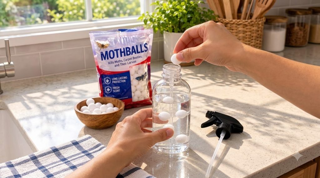 A person s hands dropping a mothball into a clear spray bottle with water and other mothballs on a kitchen counter