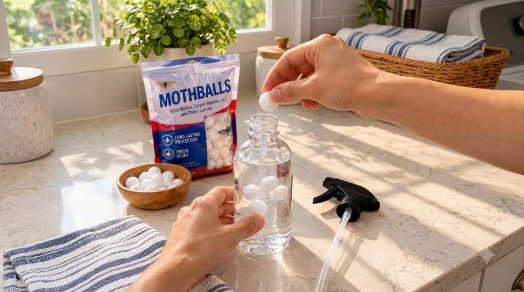 A pair of hands carefully placing white mothballs into a clear spray bottle filled with water on a light-colored counter