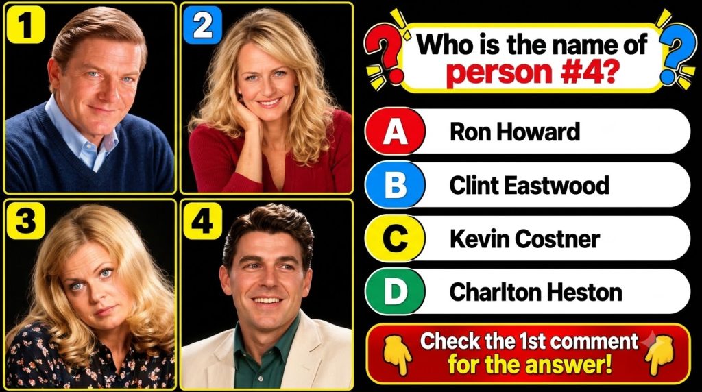 A quiz image showing four classic celebrity headshots with the question Who is person 4 and multiple-choice options one 
