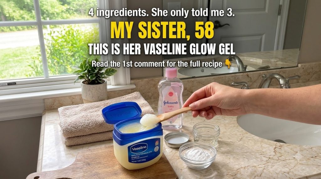 Ingredients for a DIY glow gel on a clean bathroom counter including an open jar of Vaseline a bottle of baby oil a smal