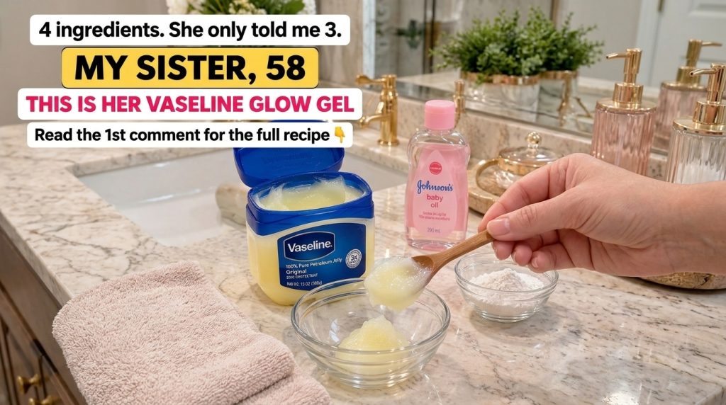 Ingredients for a DIY glow gel on a marble counter a tub of Vaseline a bottle of baby oil a bowl with petroleum jelly be