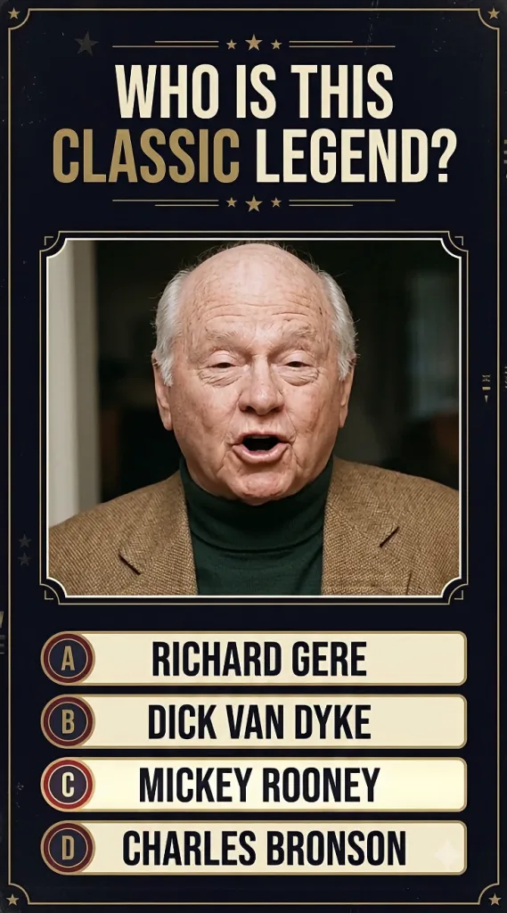 Quiz image featuring an older bald white man with expressive features in a dark green turtleneck and brown jacket with t