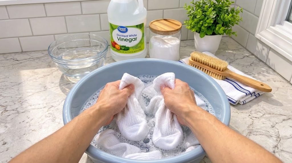 Hands gently agitating white socks in a light blue basin filled with soapy water with cleaning supplies like vinegar and