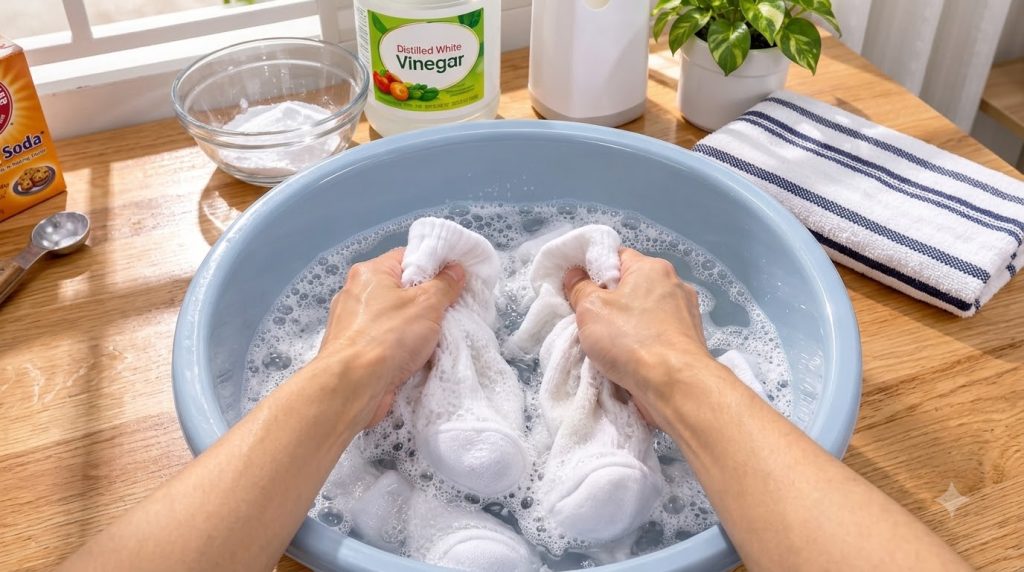Hands gently washing white socks in a light blue basin with bubbly water In the background there are ingredients like wh