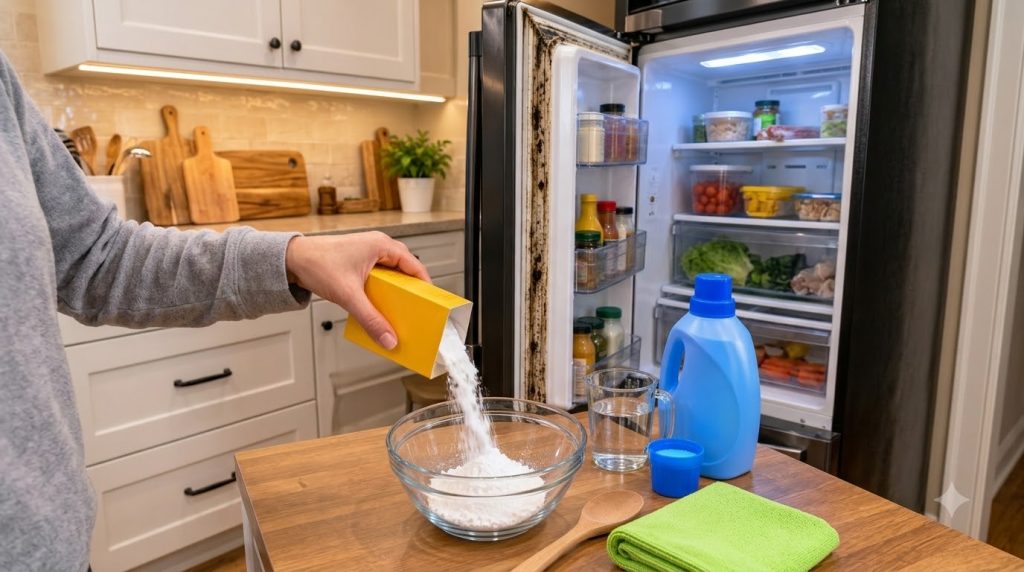 A hand pouring white powder baking soda into a clear glass bowl surrounded by other cleaning supplies like a measuring c