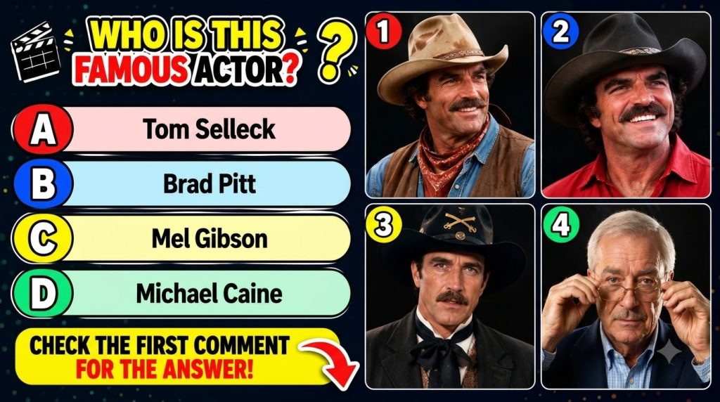 A multiple-choice quiz image asking Who is this famous actor featuring several portraits of a young Burt Reynolds with o