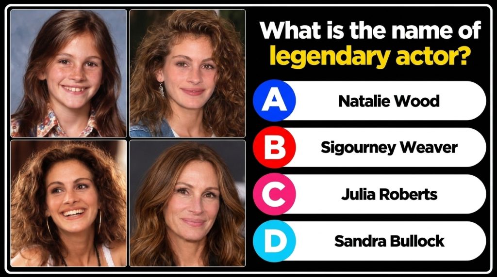 A multi-panel collage featuring four portraits of actress Julia Roberts at different ages from a young girl to a mature