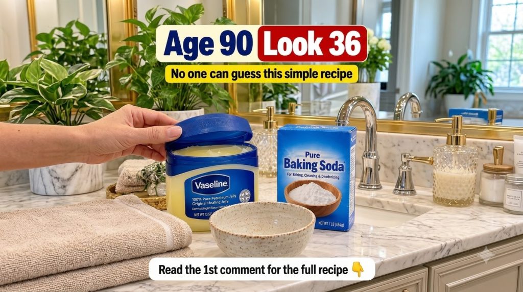 A close-up of Vaseline petroleum jelly baking soda and a mixing bowl on a marble countertop suggesting a DIY beauty reci