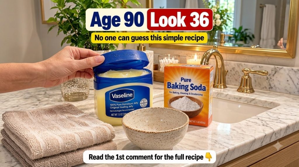 A close-up of a bathroom counter with an open jar of Vaseline a box of baking soda and an empty mixing bowl A lit candle