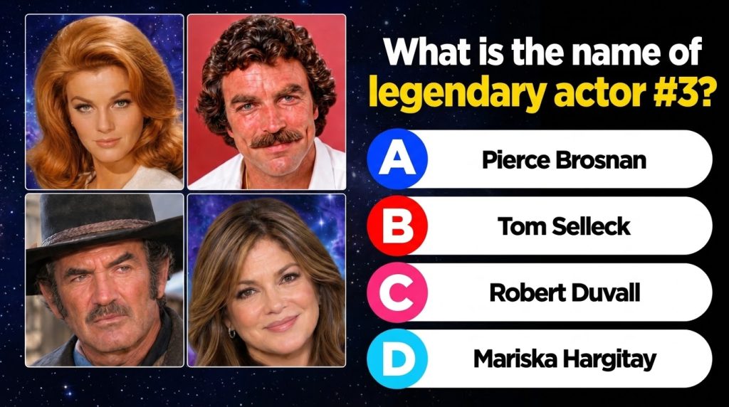 A collage of four celebrity headshots Ann-Margret Tom Selleck Mariska Hargitay James Garner arranged in a 2x2 grid with