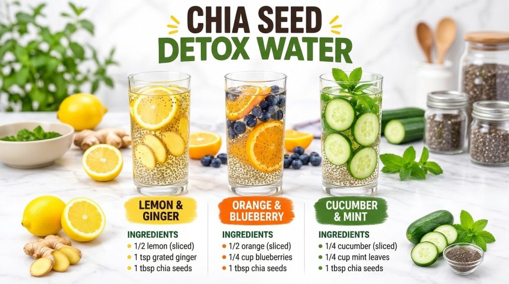 Three glasses of chia seed detox water with different fruit and herb infusions Lemon Ginger Orange Blueberry and Cucumbe