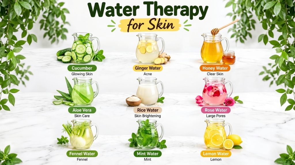 A 3x3 grid of nine glass pitchers each containing a different natural water infusion for skin health with ingredients li