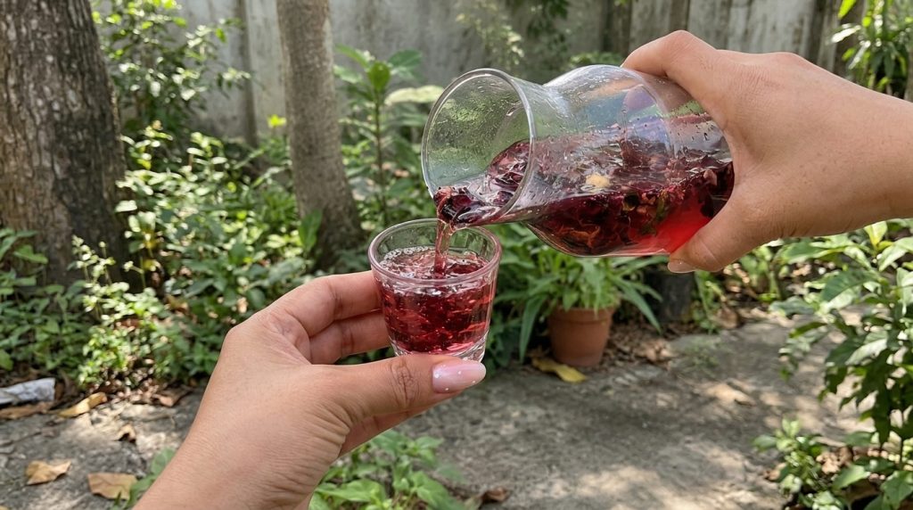 A close-up shot of a person pouring a vibrant red hibiscus and fruit drink from a glass pitcher into a small shot glass 