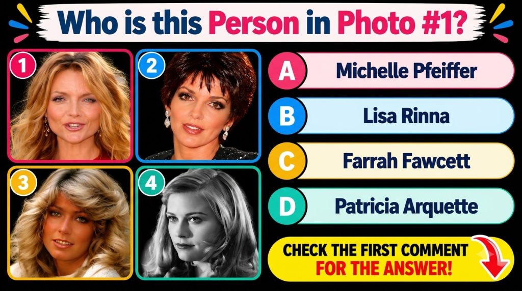 A brightly colored quiz graphic featuring four headshots of famous women arranged in a 2x2 grid The top-left image shows