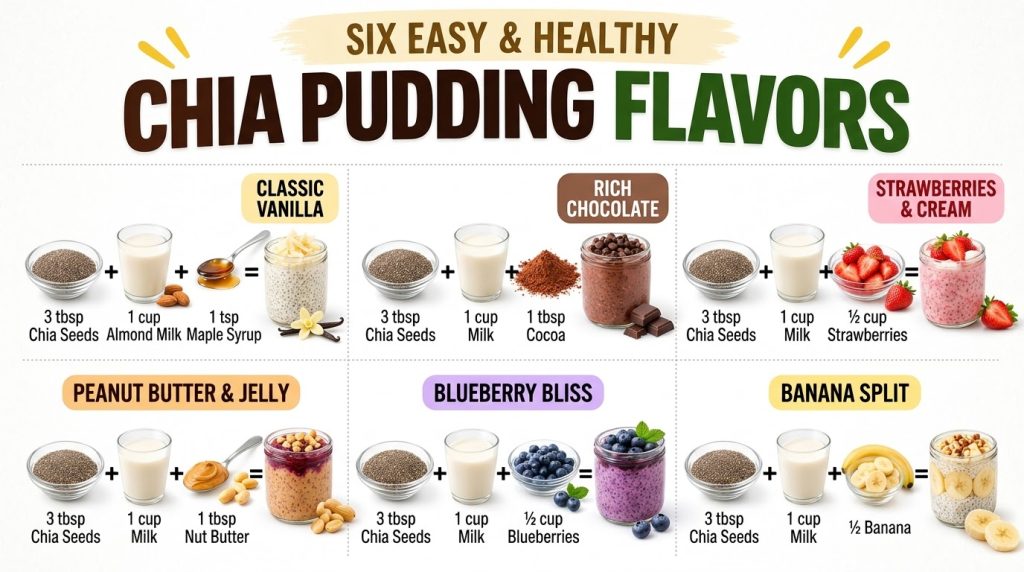 An infographic showing six different chia pudding recipes side by side each with ingredients and a final pudding jar