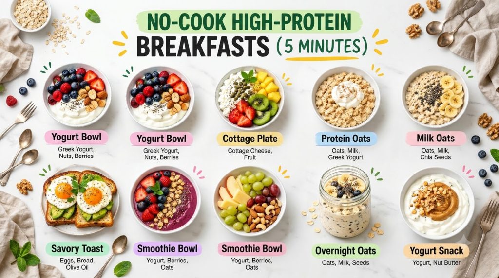 A grid of nine different no-cook high-protein breakfast options each presented in a white bowl plate or jar on a bright 