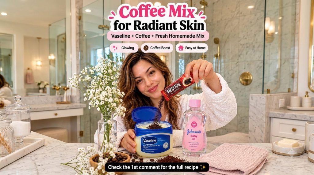 A smiling woman pouring coffee grounds from a Nescafe packet into a tub of Vaseline with a bottle of baby oil and scatte