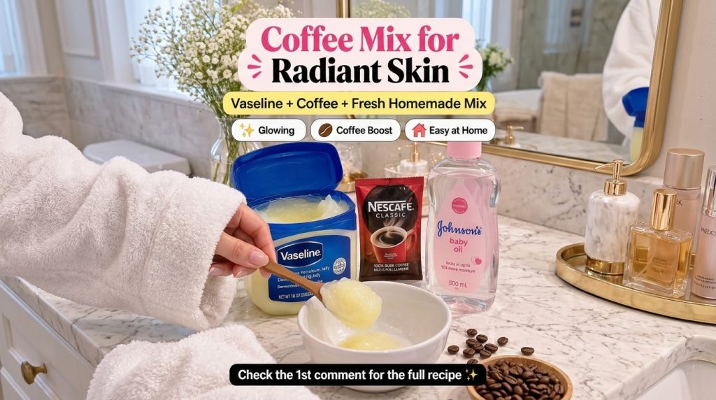 A close-up overhead shot of ingredients for a homemade skincare mix on a marble countertop A hand holds a wooden spoon s
