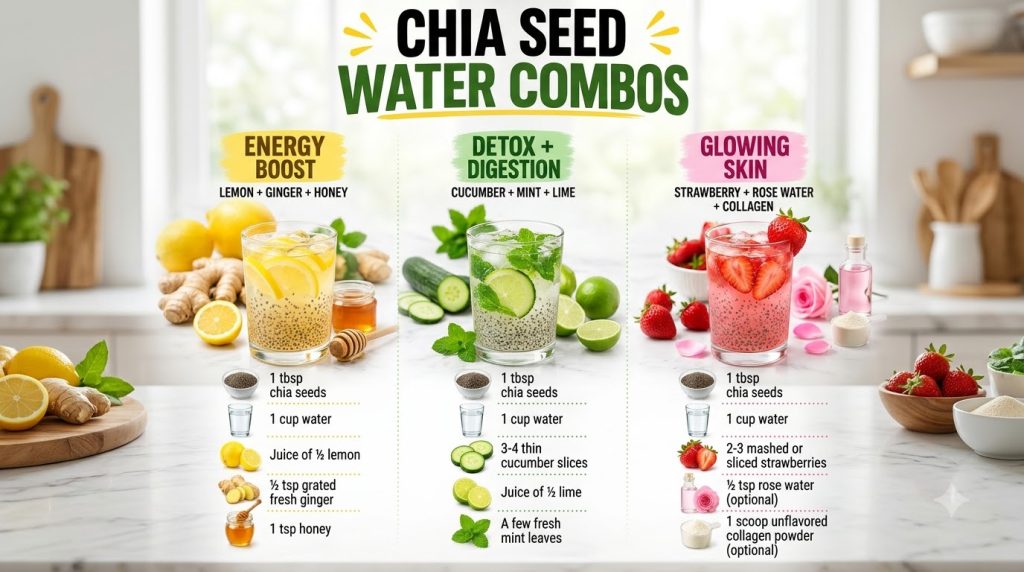 An infographic showing three distinct chia seed water combos Energy Boost with lemon ginger and honey Detox Digestion wi