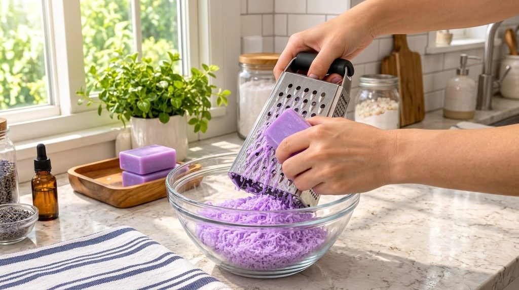Hands grating a bar of purple soap into a glass bowl with other soap bars and a green plant in the background under soft