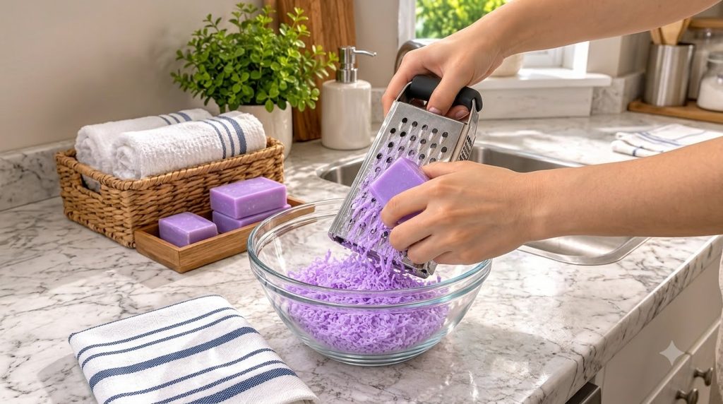 Close-up of hands grating a purple bar of soap into a clear glass bowl already partially filled with delicate purple soa