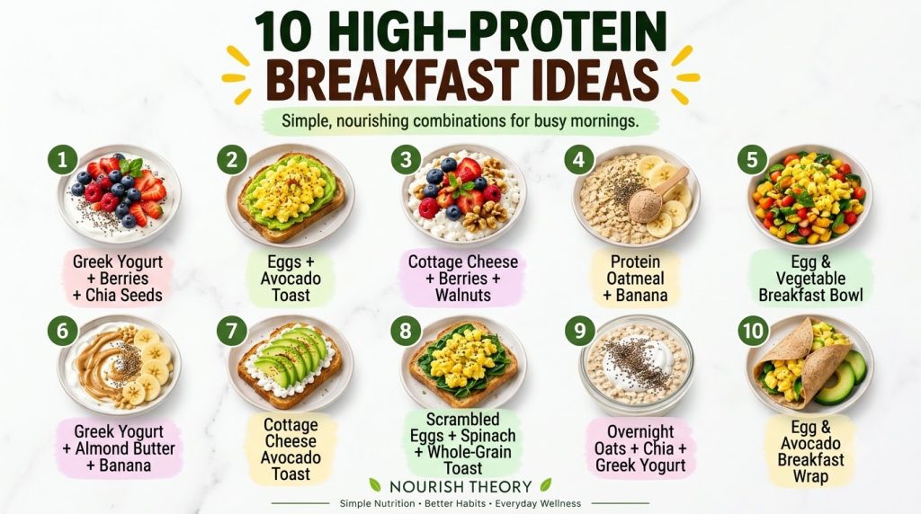 An infographic showing 10 different high-protein breakfast ideas arranged in a bright clean grid Each breakfast item suc