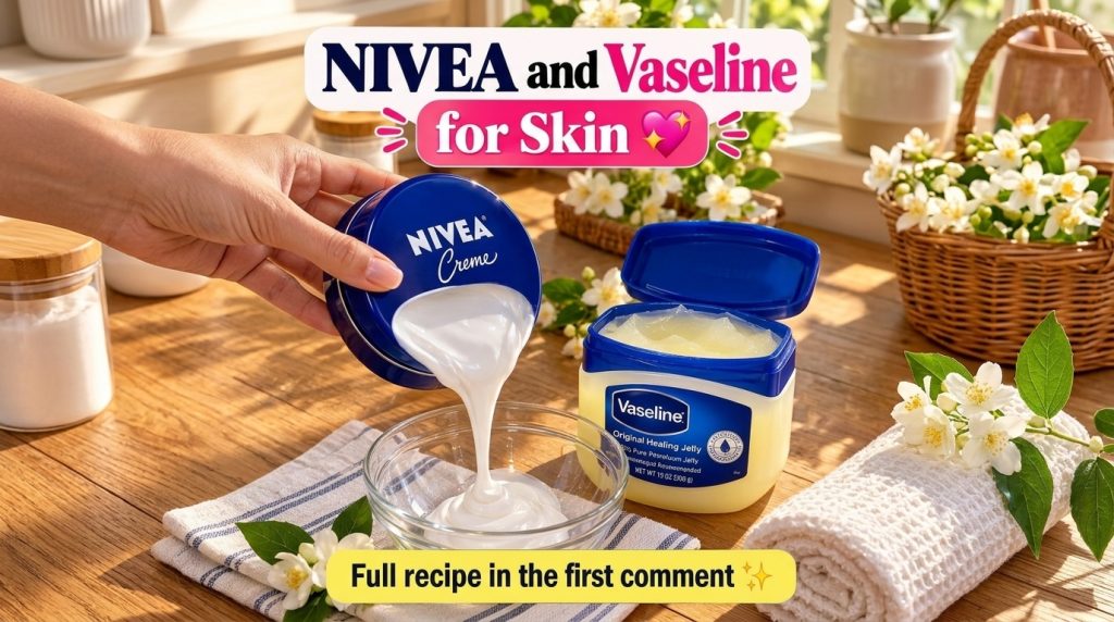 A hand pouring Nivea Creme from its blue tin into a clear glass bowl next to an open jar of Vaseline Original Healing Je
