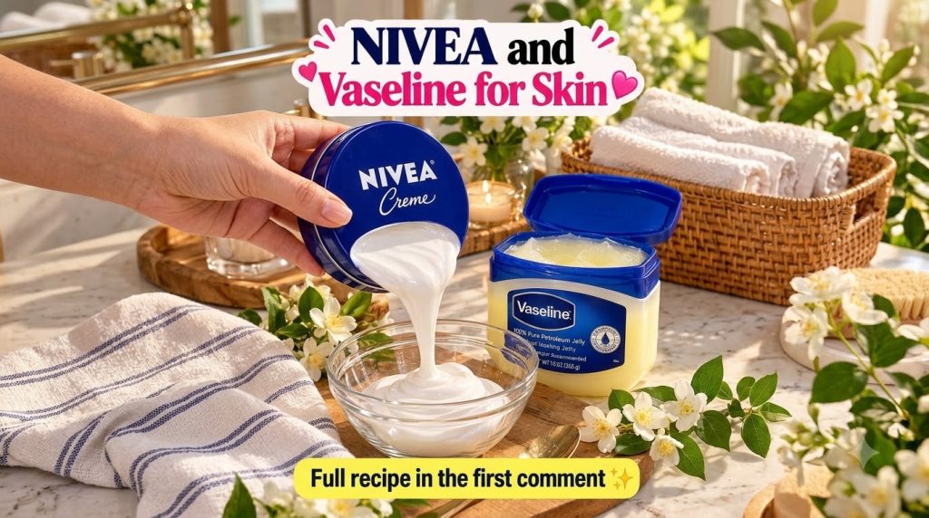 A close-up of an open tub of Vaseline Petroleum Jelly and a small bottle of Vitamin E oil surrounded by white jasmine fl