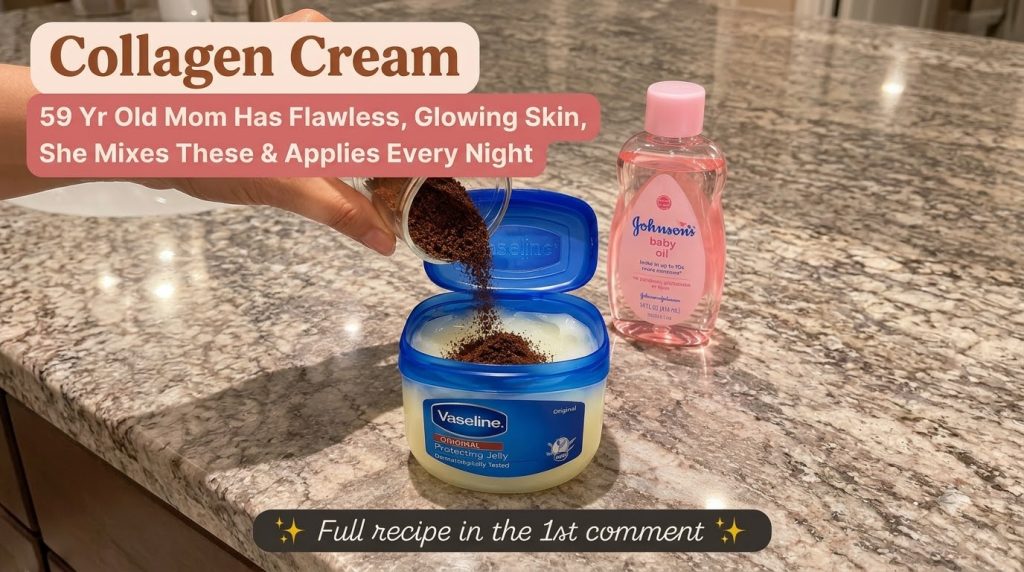 A hand pouring coffee grounds into a jar of Vaseline with baby oil nearby on a counter illustrating the DIY cream prepar