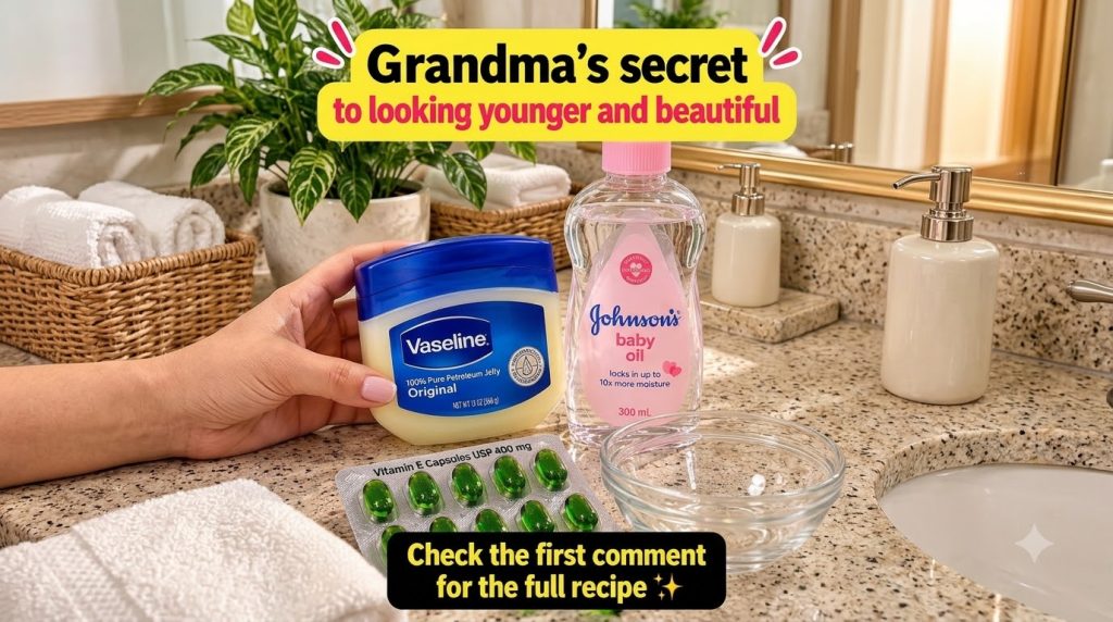 A hand holding a tub of Vaseline a bottle of Johnson s baby oil and green Vitamin E capsules in a small glass bowl arran
