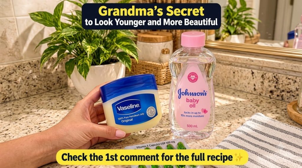A hand holding a tub of Vaseline next to a bottle of Johnson s baby oil and Vitamin E capsules on a speckled countertop