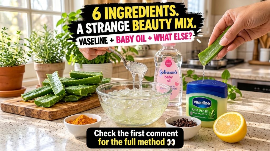 Hands preparing a DIY beauty mix with aloe vera gel baby oil turmeric powder and other natural ingredients on a wooden s