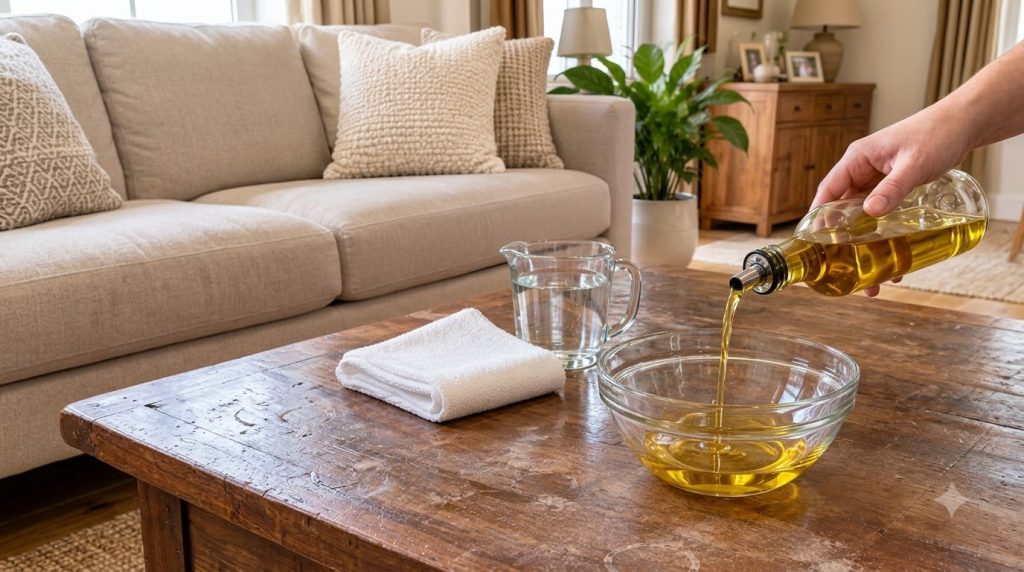 A hand pouring olive oil into a glass bowl on a wooden coffee table with visible water rings and marks Next to it there