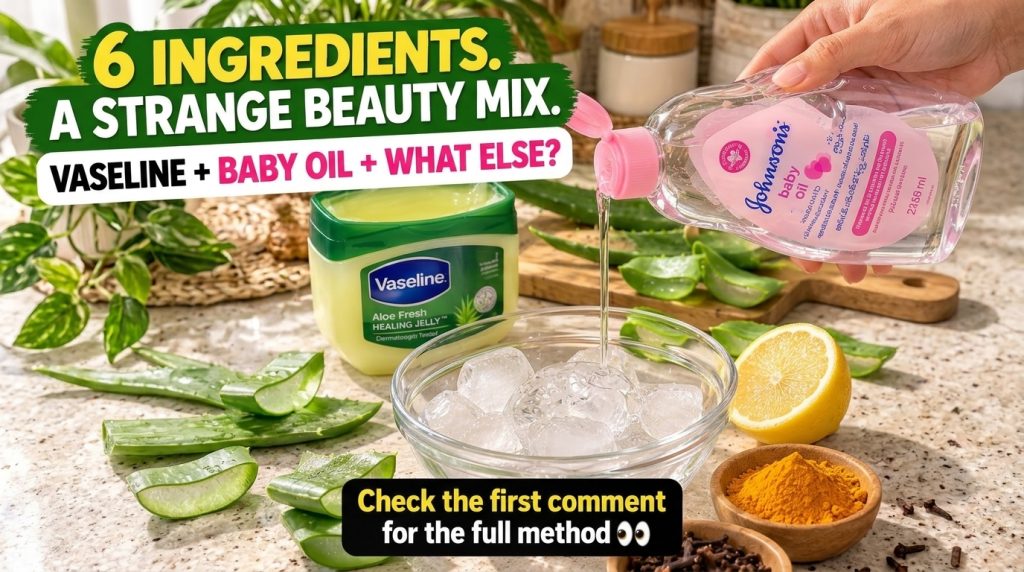 A close-up overhead shot of a hand pouring Johnson s baby oil into a clear bowl with ice cubes An open jar of Vaseline A