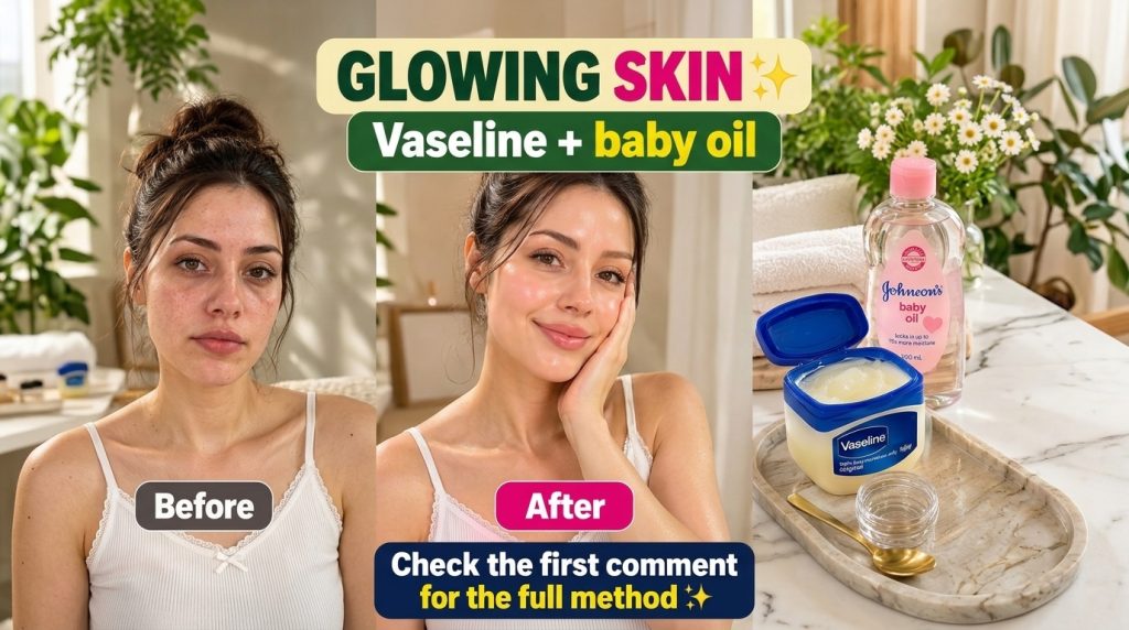 A Before and After collage showing a woman s skin transformation from dull to glowing with Vaseline and Baby Oil bottles