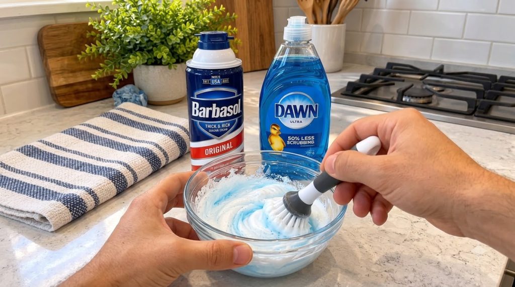 Manos mezclando espuma de afeitar y jabón lavaplatos en un tazón de vidrio con los ingredientes originales al fondo
