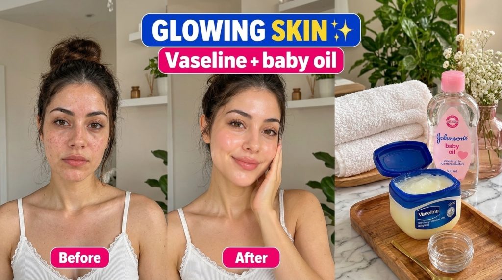 A vertical collage showcasing a before and after skin transformation with the before showing dull skin and the after sho