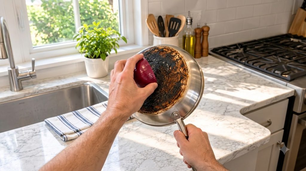 Hands scrubbing a heavily burnt stainless steel frying pan with a red onion half revealing cleaner metal underneath