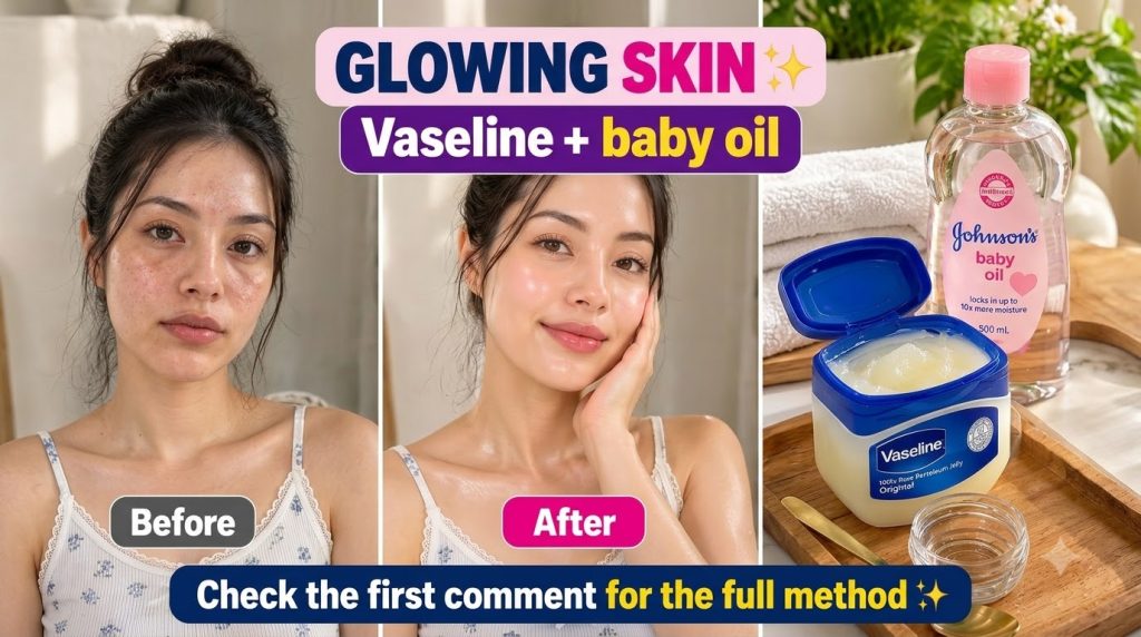 A vertical triptych showing a Before image of natural skin an After image of radiant glowing skin and a third panel feat
