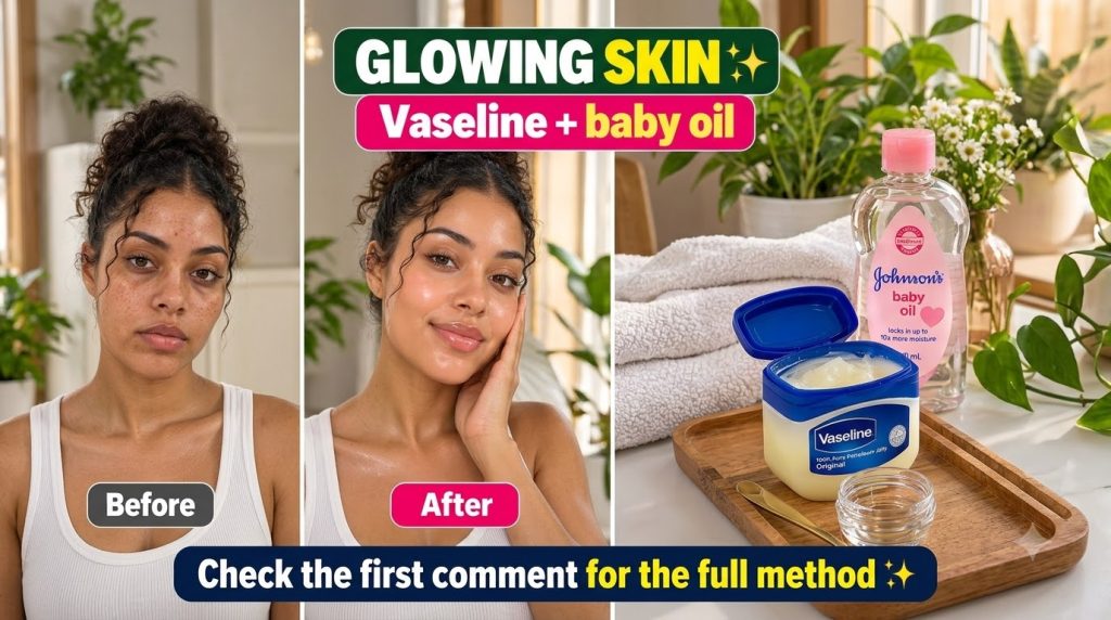 A vertical social media collage showing a Before and After transformation for glowing skin The Before side shows natural