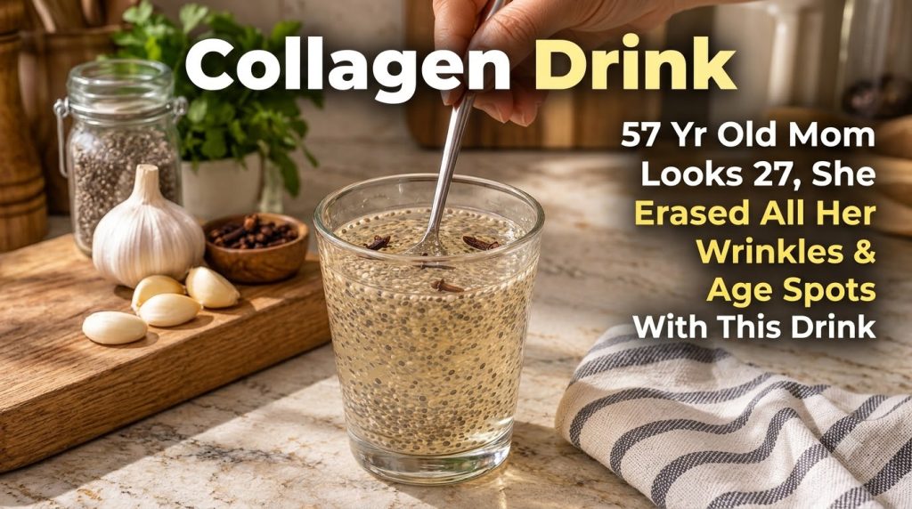 A close-up of a collagen drink with chia seeds and whole cloves in a glass held by a hand with a spoon surrounded by kit