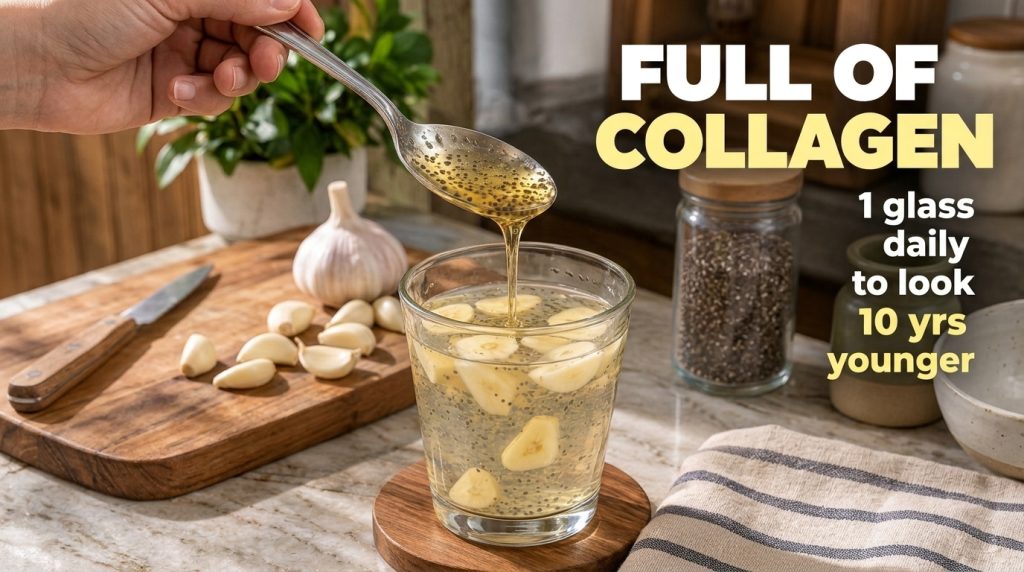 A close-up of a glass of homemade citrus collagen drink with chia seeds and banana slices with a spoon dripping the liqu