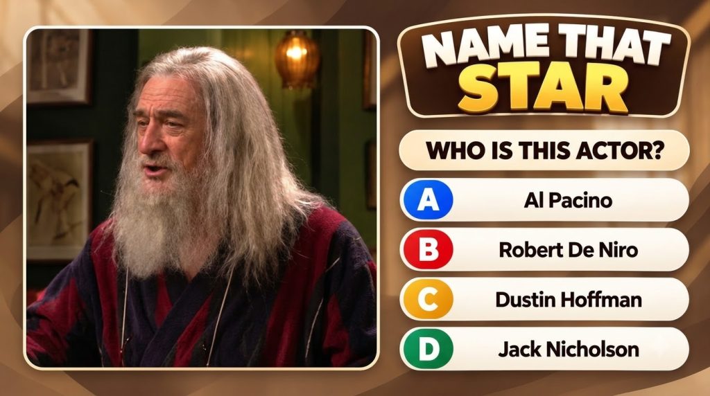 A quiz screen with a headshot of an older man with long grey hair and a full beard wearing a striped robe against a warm