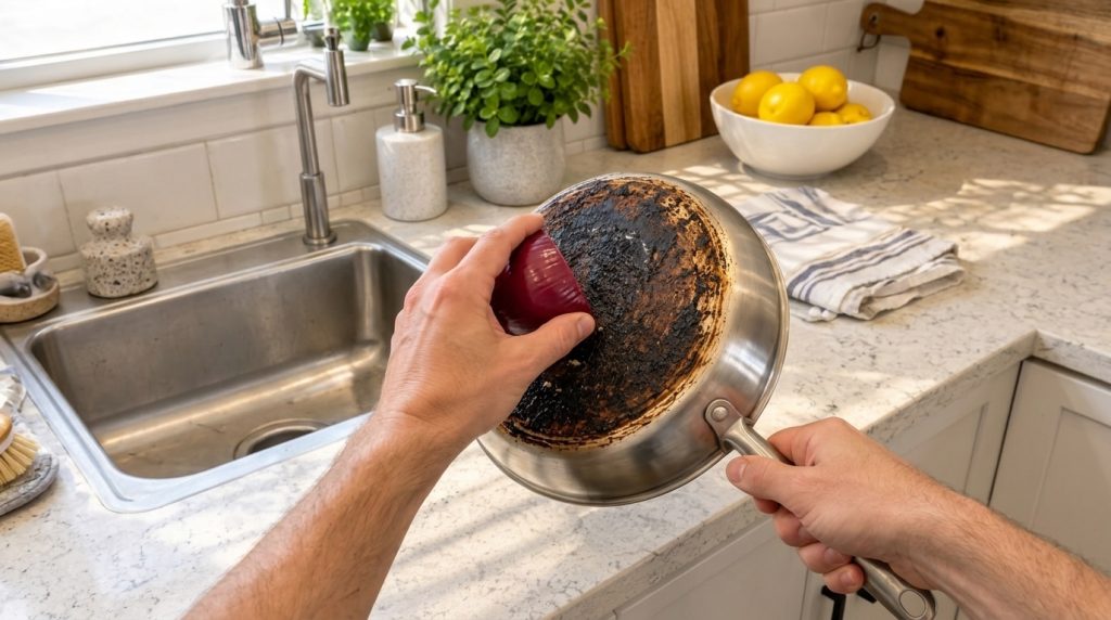 Hands scrubbing a heavily burnt stainless steel frying pan with half a red onion on a brightly lit kitchen counter