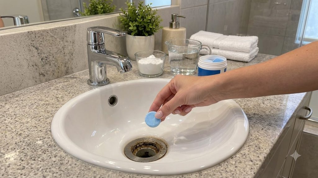 A hand holding a blue cleaning tablet above a dirty sink drain with other cleaning supplies in the background