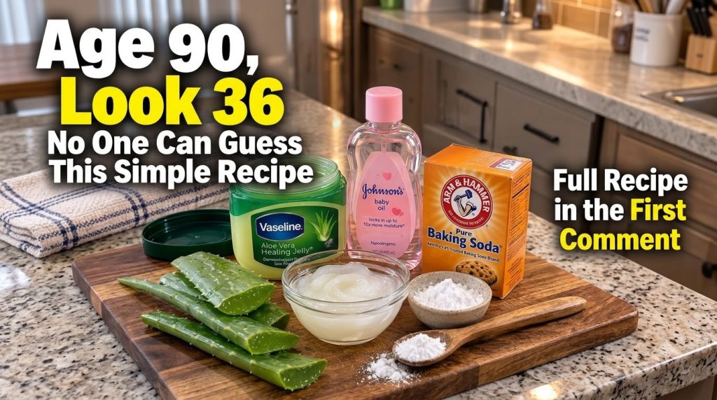 A flat lay arrangement of various skincare and household ingredients for a beauty recipe on a wooden board Items include