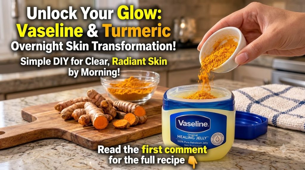 A hand pouring turmeric powder from a small white bowl into a container of Vaseline Healing Jelly with fresh turmeric ro