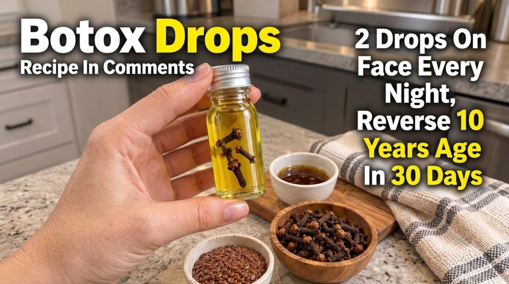 A hand holding a small glass bottle filled with golden liquid and whole cloves with flax seeds and more cloves in bowls