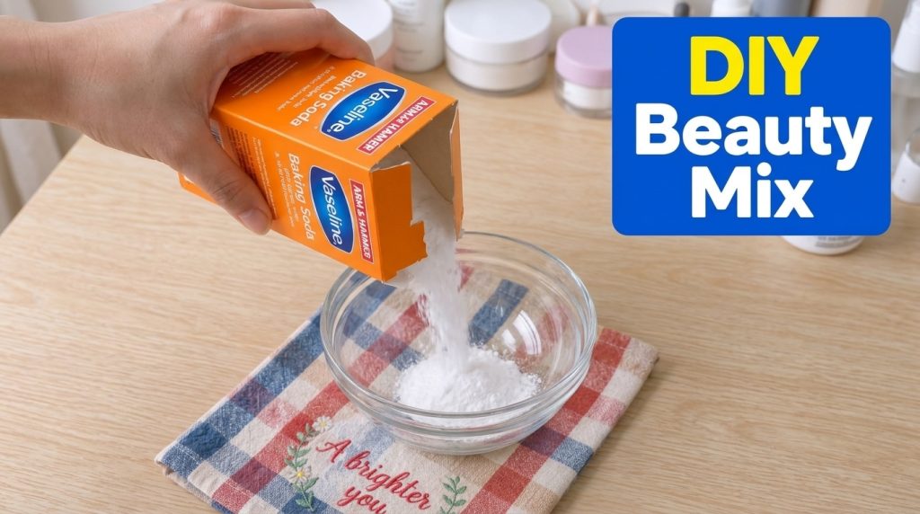 A hand pouring white baking soda powder from an orange box into a clear glass bowl on a checkered cloth Cosmetic jars ar