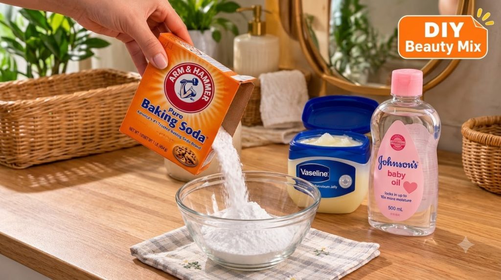 A hand pouring baking soda into a clear glass bowl with open containers of Vaseline petroleum jelly and baby oil on a pl